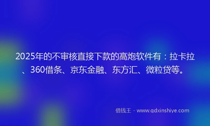 2025年的不审核直接下款的高炮软件有：拉卡拉、360借条、京东金融、东方汇、微粒贷等。