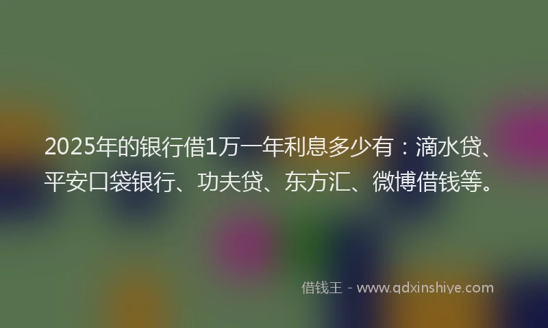 2025年的银行借1万一年利息多少有：滴水贷、平安口袋银行、功夫贷、东方汇、微博借钱等。