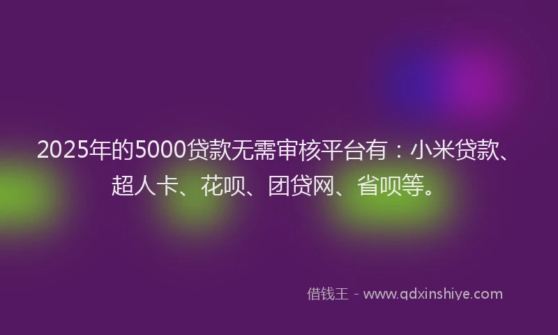 2025年的5000贷款无需审核平台有：小米贷款、超人卡、花呗、团贷网、省呗等。