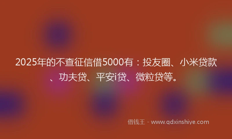 2025年的不查征信借5000有：投友圈、小米贷款、功夫贷、平安i贷、微粒贷等。