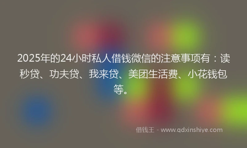 2025年的24小时私人借钱微信的注意事项有：读秒贷、功夫贷、我来贷、美团生活费、小花钱包等。