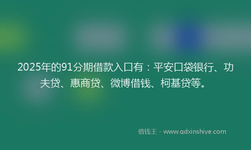 2025年的91分期借款入口有：平安口袋银行、功夫贷、惠商贷、微博借钱、柯基贷等。