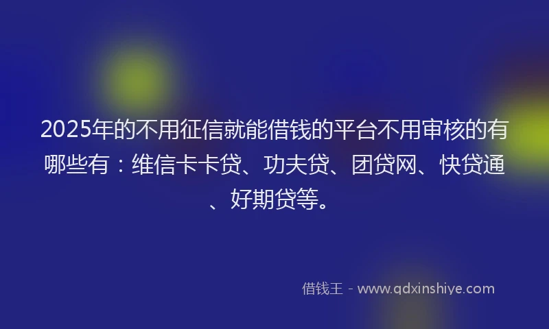 2025年的不用征信就能借钱的平台不用审核的有哪些有：维信卡卡贷、功夫贷、团贷网、快贷通、好期贷等。