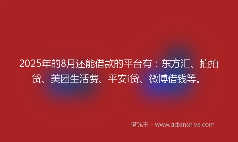 2025年的8月还能借款的平台有：东方汇、拍拍贷、美团生活费、平安i贷、微博借钱等。