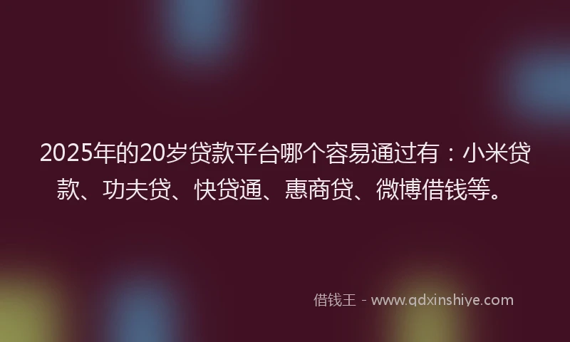 2025年的20岁贷款平台哪个容易通过有：小米贷款、功夫贷、快贷通、惠商贷、微博借钱等。