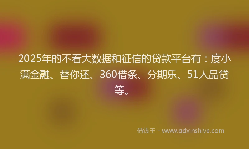 2025年的不看大数据和征信的贷款平台有：度小满金融、替你还、360借条、分期乐、51人品贷等。
