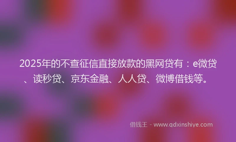 2025年的不查征信直接放款的黑网贷有：e微贷、读秒贷、京东金融、人人贷、微博借钱等。