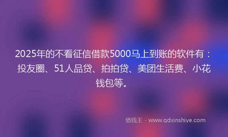 2025年的不看征信借款5000马上到账的软件有：投友圈、51人品贷、拍拍贷、美团生活费、小花钱包等。