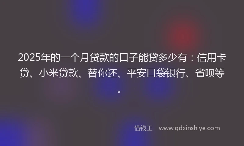 2025年的一个月贷款的口子能贷多少有：信用卡贷、小米贷款、替你还、平安口袋银行、省呗等。