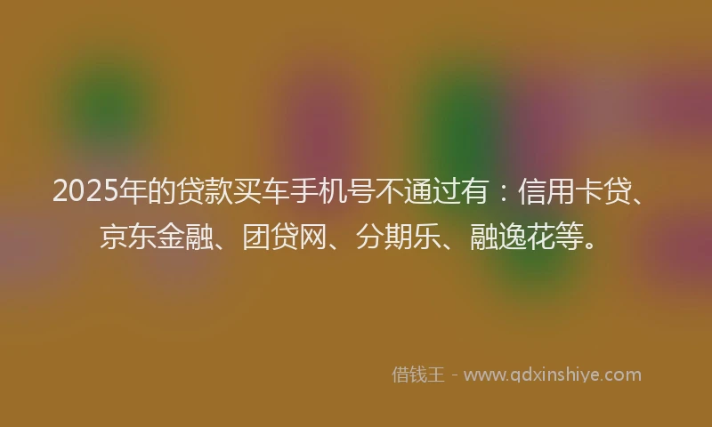 2025年的贷款买车手机号不通过有：信用卡贷、京东金融、团贷网、分期乐、融逸花等。