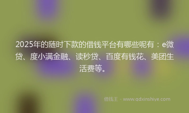 2025年的随时下款的借钱平台有哪些呢有：e微贷、度小满金融、读秒贷、百度有钱花、美团生活费等。