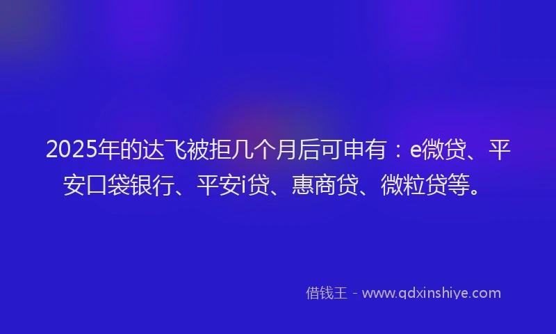 2025年的达飞被拒几个月后可申有：e微贷、平安口袋银行、平安i贷、惠商贷、微粒贷等。