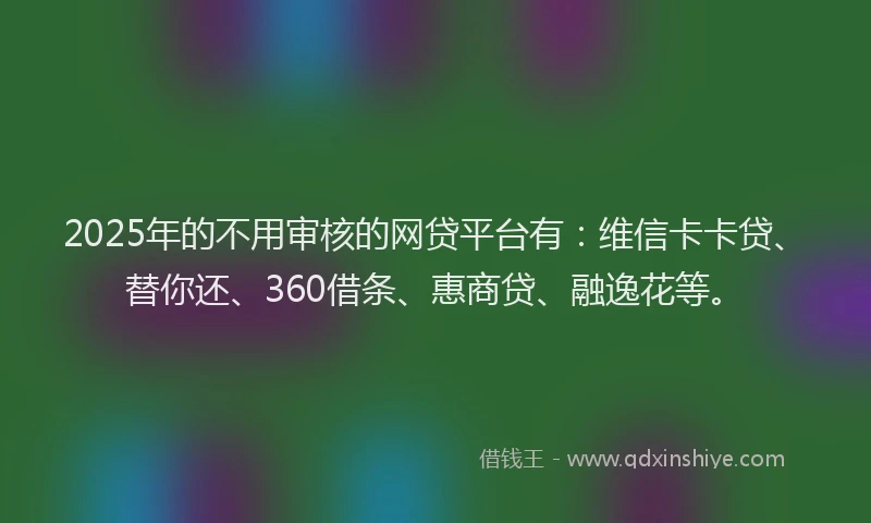 2025年的不用审核的网贷平台有：维信卡卡贷、替你还、360借条、惠商贷、融逸花等。