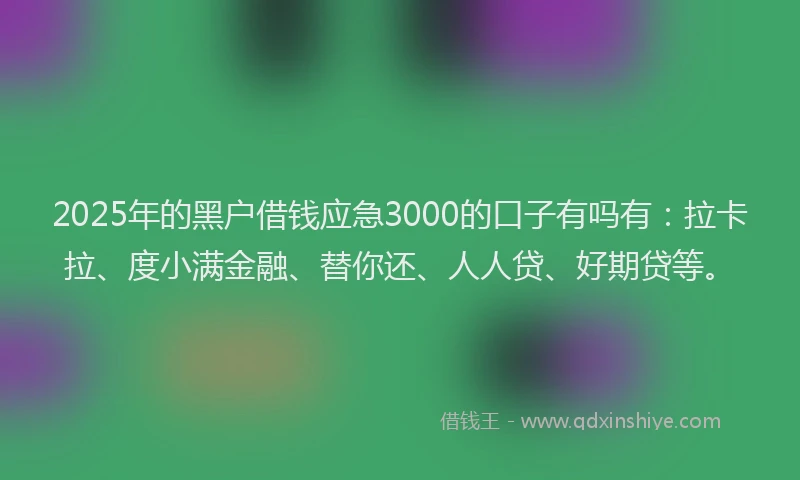 2025年的黑户借钱应急3000的口子有吗有：拉卡拉、度小满金融、替你还、人人贷、好期贷等。