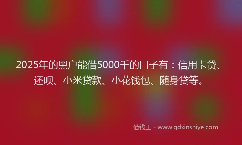2025年的黑户能借5000千的口子有：信用卡贷、还呗、小米贷款、小花钱包、随身贷等。