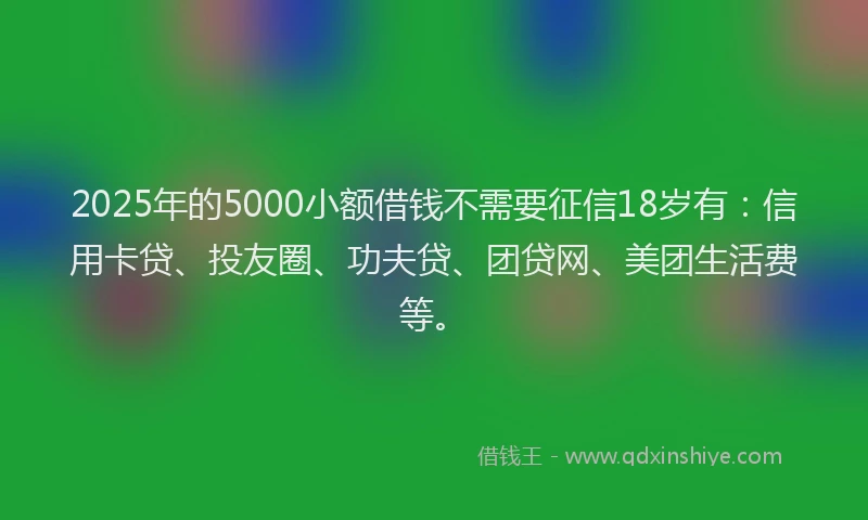 2025年的5000小额借钱不需要征信18岁有：信用卡贷、投友圈、功夫贷、团贷网、美团生活费等。