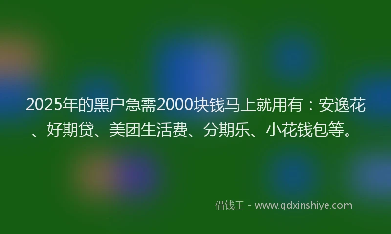 2025年的黑户急需2000块钱马上就用有：安逸花、好期贷、美团生活费、分期乐、小花钱包等。