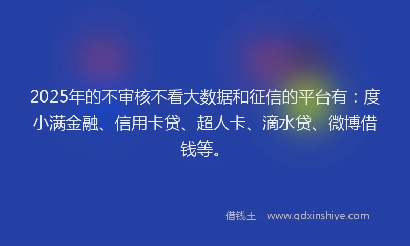 2025年的不审核不看大数据和征信的平台有：度小满金融、信用卡贷、超人卡、滴水贷、微博借钱等。