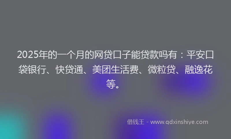 2025年的一个月的网贷口子能贷款吗有：平安口袋银行、快贷通、美团生活费、微粒贷、融逸花等。