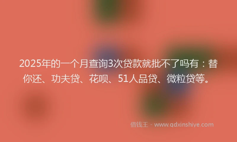 2025年的一个月查询3次贷款就批不了吗有：替你还、功夫贷、花呗、51人品贷、微粒贷等。