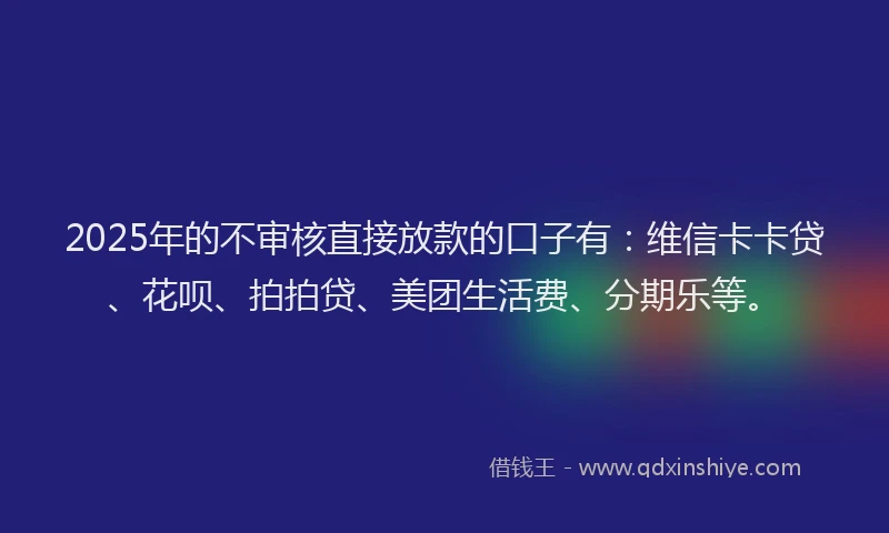 2025年的不审核直接放款的口子有：维信卡卡贷、花呗、拍拍贷、美团生活费、分期乐等。
