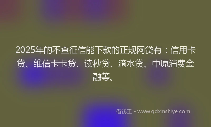 2025年的不查征信能下款的正规网贷有：信用卡贷、维信卡卡贷、读秒贷、滴水贷、中原消费金融等。