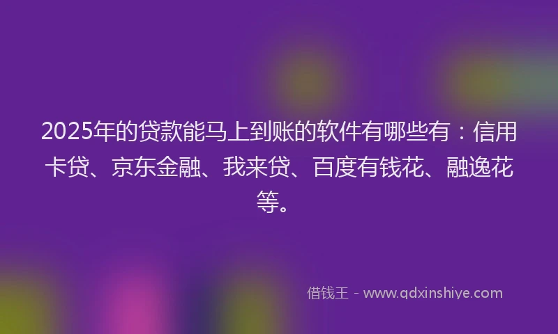 2025年的贷款能马上到账的软件有哪些有：信用卡贷、京东金融、我来贷、百度有钱花、融逸花等。