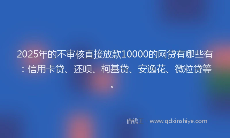 2025年的不审核直接放款10000的网贷有哪些有：信用卡贷、还呗、柯基贷、安逸花、微粒贷等。