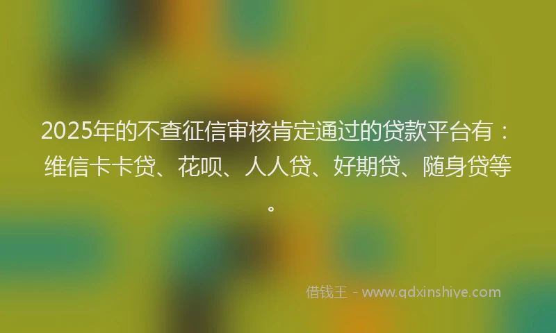 2025年的不查征信审核肯定通过的贷款平台有：维信卡卡贷、花呗、人人贷、好期贷、随身贷等。