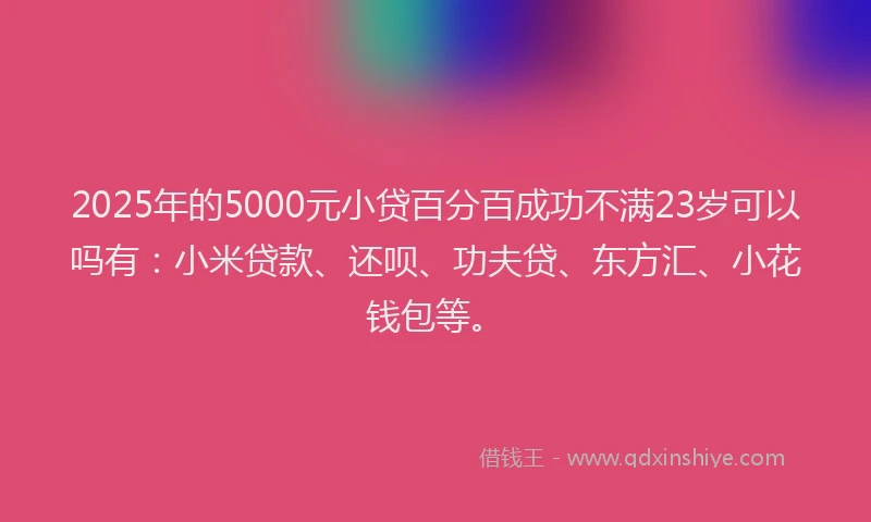 2025年的5000元小贷百分百成功不满23岁可以吗有：小米贷款、还呗、功夫贷、东方汇、小花钱包等。