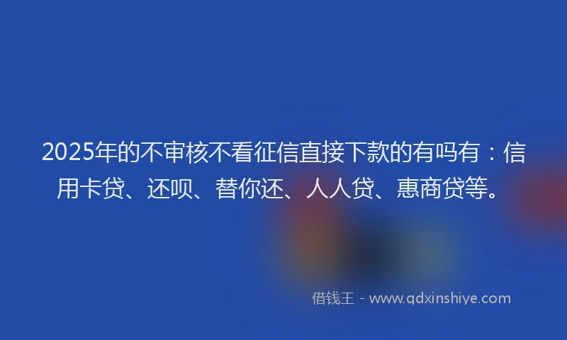 2025年的不审核不看征信直接下款的有吗有：信用卡贷、还呗、替你还、人人贷、惠商贷等。