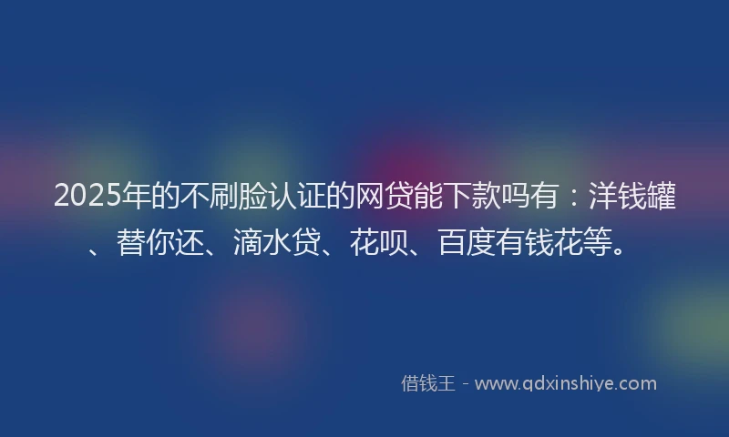 2025年的不刷脸认证的网贷能下款吗有：洋钱罐、替你还、滴水贷、花呗、百度有钱花等。