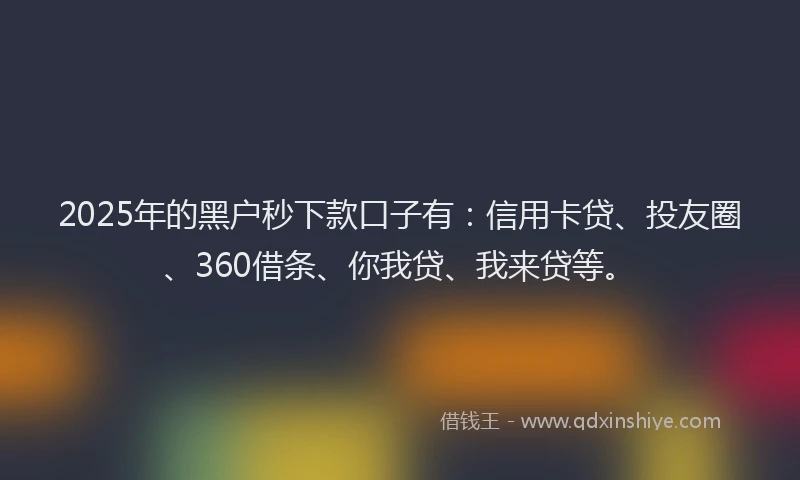 2025年的黑户秒下款口子有：信用卡贷、投友圈、360借条、你我贷、我来贷等。