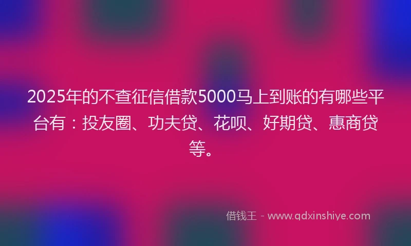 2025年的不查征信借款5000马上到账的有哪些平台有：投友圈、功夫贷、花呗、好期贷、惠商贷等。