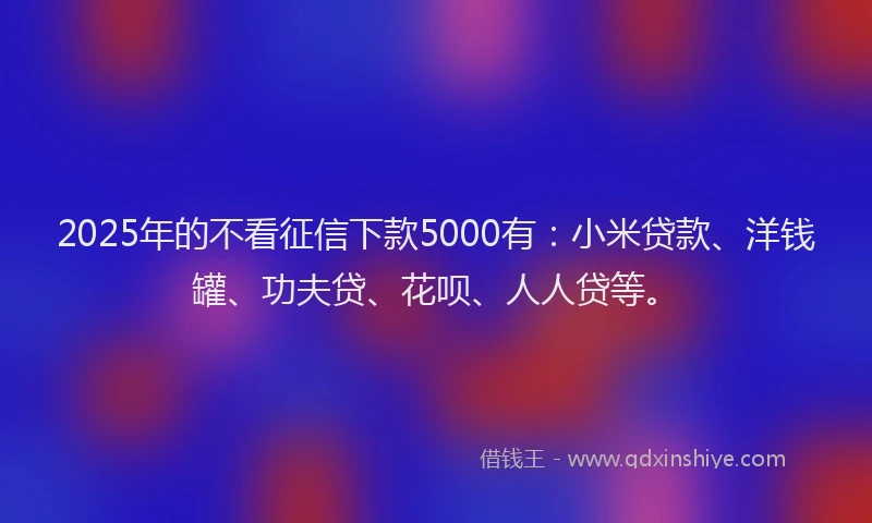 2025年的不看征信下款5000有：小米贷款、洋钱罐、功夫贷、花呗、人人贷等。