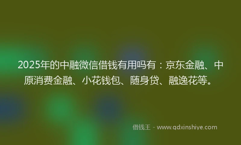 2025年的中融微信借钱有用吗有：京东金融、中原消费金融、小花钱包、随身贷、融逸花等。