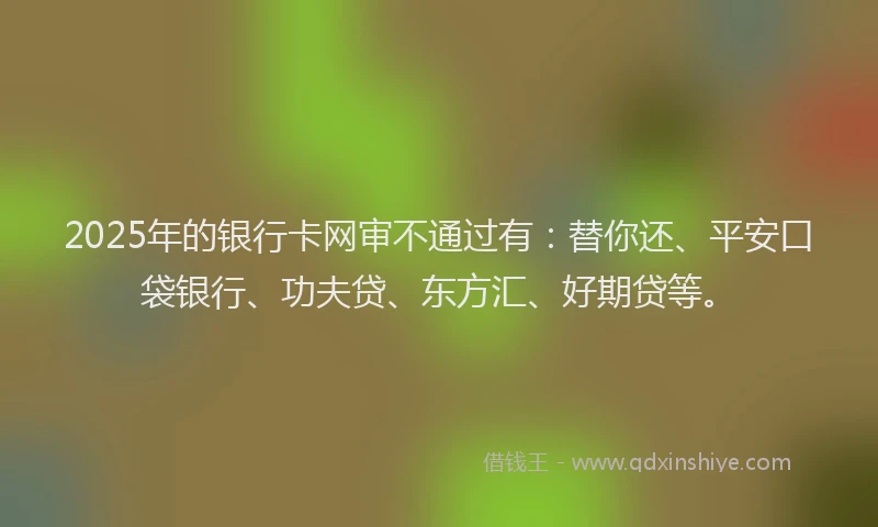 2025年的银行卡网审不通过有：替你还、平安口袋银行、功夫贷、东方汇、好期贷等。
