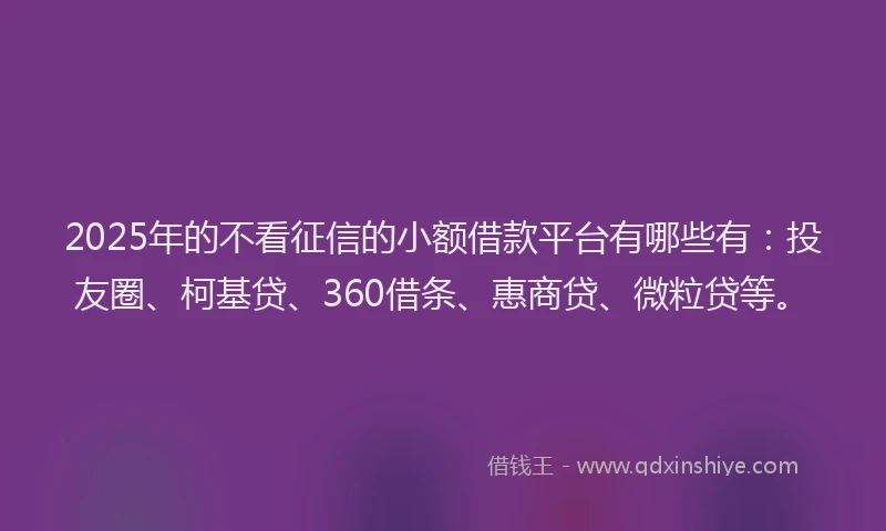 2025年的不看征信的小额借款平台有哪些有：投友圈、柯基贷、360借条、惠商贷、微粒贷等。