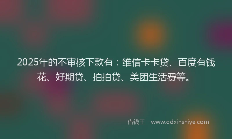 2025年的不审核下款有：维信卡卡贷、百度有钱花、好期贷、拍拍贷、美团生活费等。