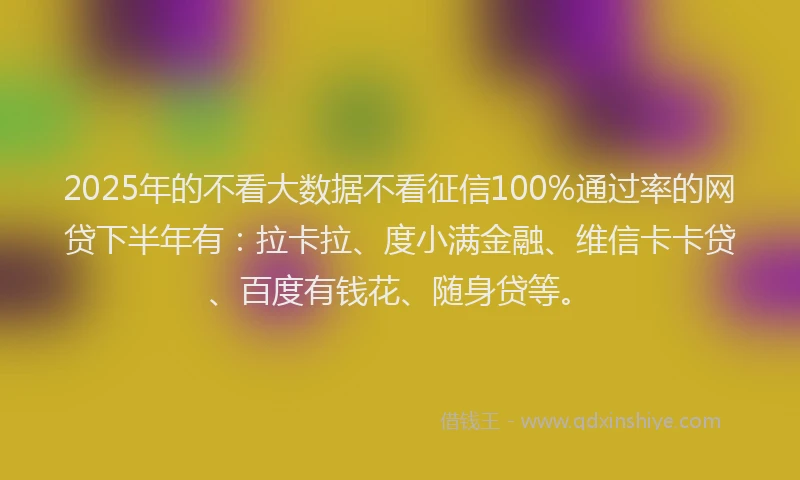 2025年的不看大数据不看征信100%通过率的网贷下半年有：拉卡拉、度小满金融、维信卡卡贷、百度有钱花、随身贷等。