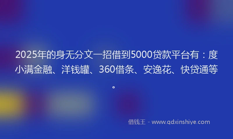 2025年的身无分文一招借到5000贷款平台有：度小满金融、洋钱罐、360借条、安逸花、快贷通等。