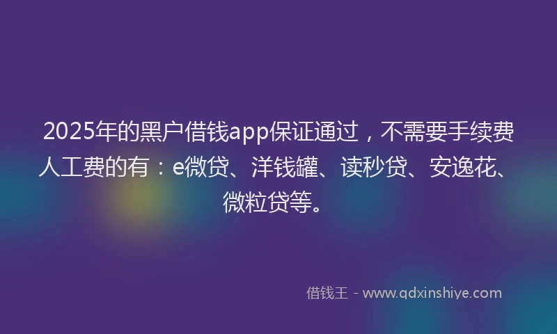 2025年的黑户借钱app保证通过，不需要手续费人工费的有：e微贷、洋钱罐、读秒贷、安逸花、微粒贷等。