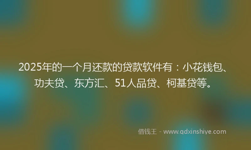 2025年的一个月还款的贷款软件有：小花钱包、功夫贷、东方汇、51人品贷、柯基贷等。