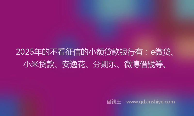 2025年的不看征信的小额贷款银行有：e微贷、小米贷款、安逸花、分期乐、微博借钱等。