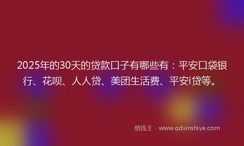 2025年的30天的贷款口子有哪些有：平安口袋银行、花呗、人人贷、美团生活费、平安i贷等。