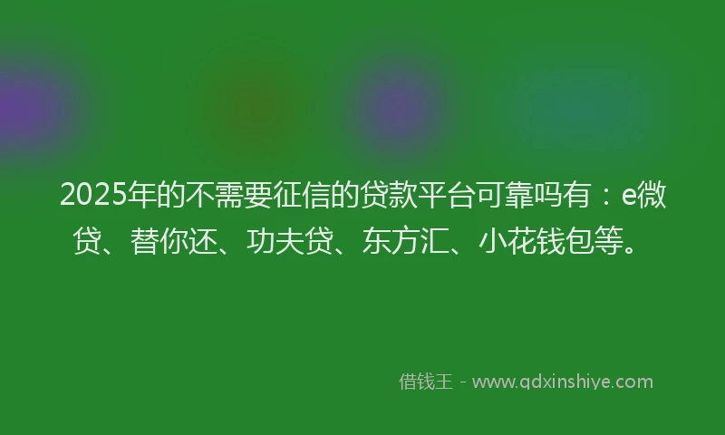 2025年的不需要征信的贷款平台可靠吗有：e微贷、替你还、功夫贷、东方汇、小花钱包等。