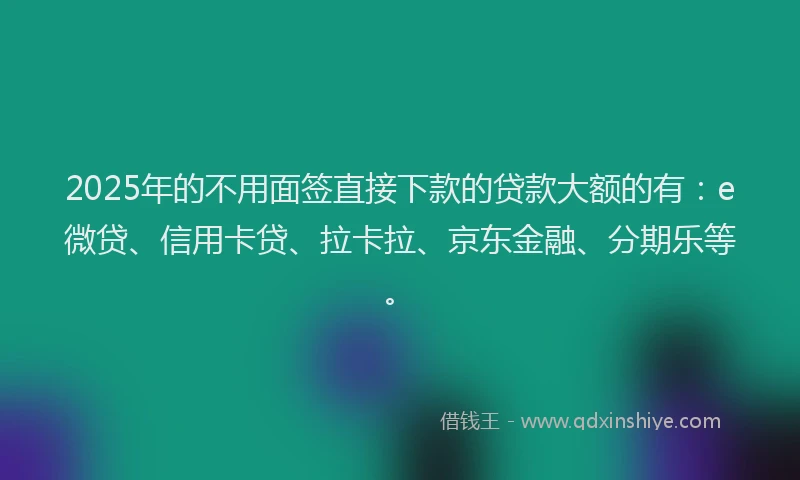 2025年的不用面签直接下款的贷款大额的有：e微贷、信用卡贷、拉卡拉、京东金融、分期乐等。