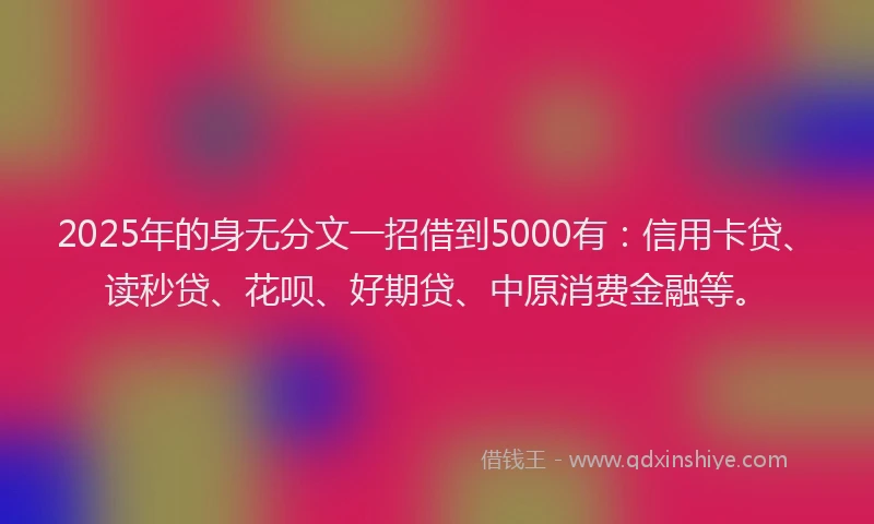 2025年的身无分文一招借到5000有：信用卡贷、读秒贷、花呗、好期贷、中原消费金融等。