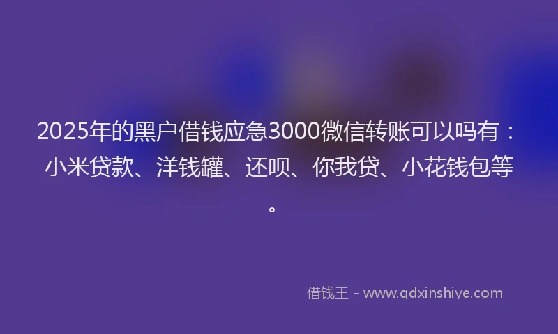 2025年的黑户借钱应急3000微信转账可以吗有：小米贷款、洋钱罐、还呗、你我贷、小花钱包等。