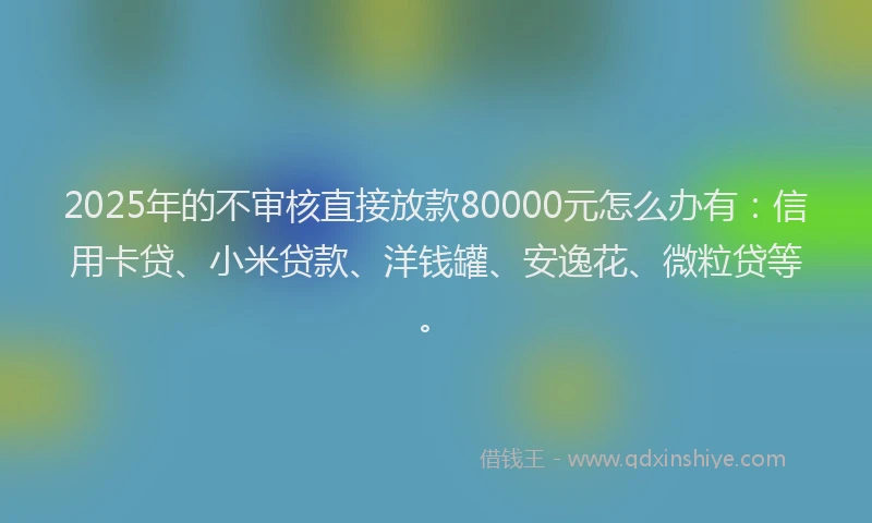 2025年的不审核直接放款80000元怎么办有：信用卡贷、小米贷款、洋钱罐、安逸花、微粒贷等。
